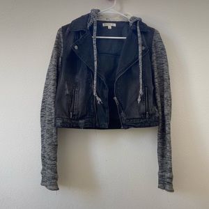 black denim jacket with cloth sleeves
